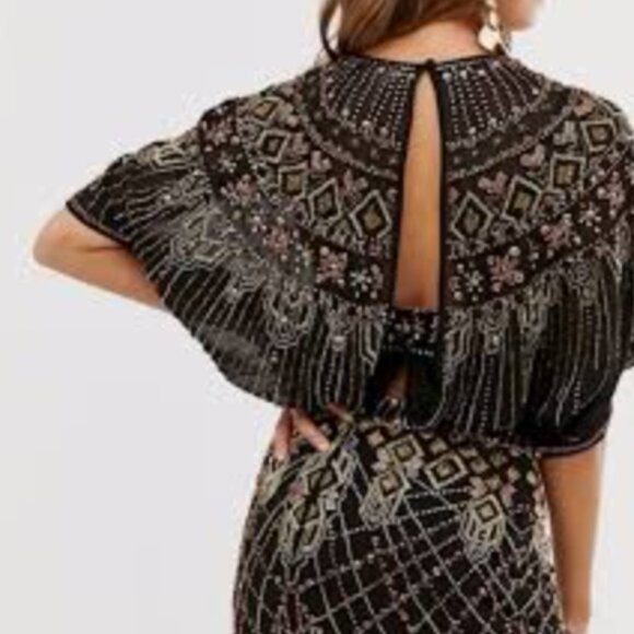 ASOS Black Gold Beaded Cape Top & Mini Skirt Set Embellished NWT Size 8 Boho - Picture 2 of 13